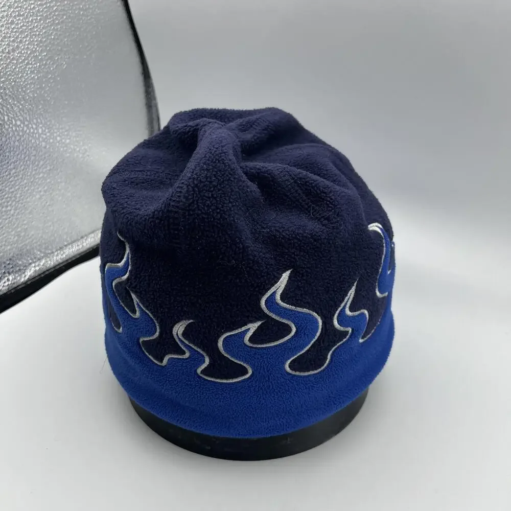 L.L. Bean Hat Beanie Boys M Blue Fleece Flame Embroidered Lined Winter Kids